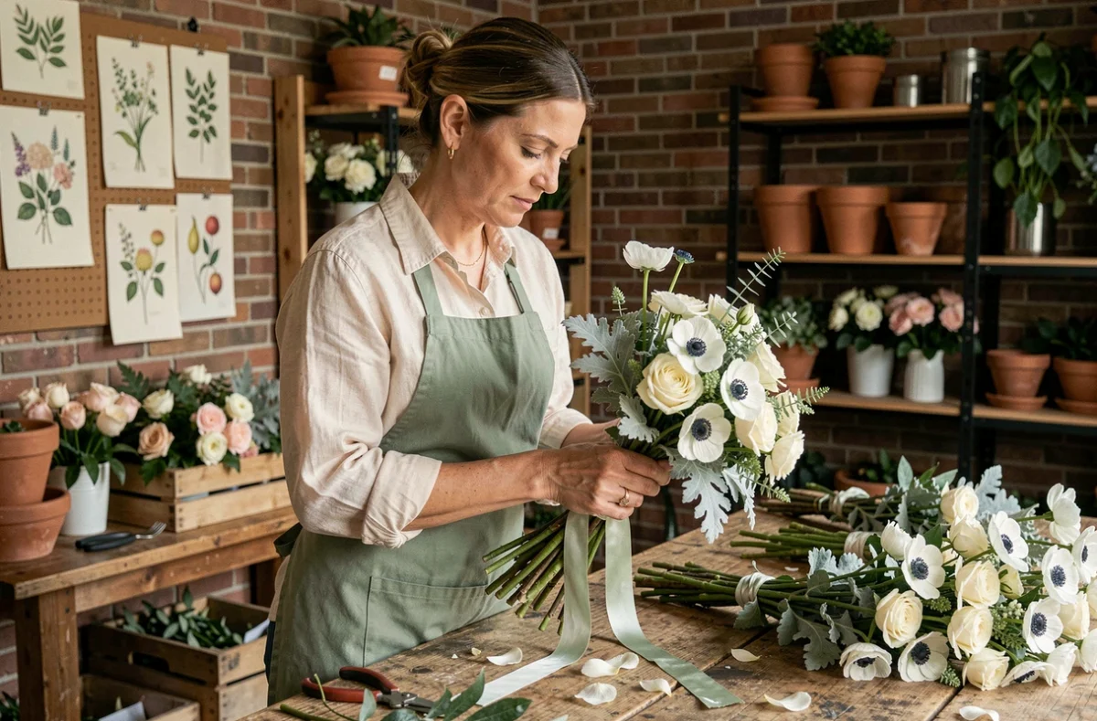 Fleuriste professionnelle composant un bouquet de mariée avec anémones blanches dans un atelier floral de Lille