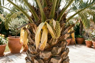 Gros plan sur les fleurs de palmier jaunissantes et fanées à couper sur un palmier affaibli dans un jardin méditerranéen