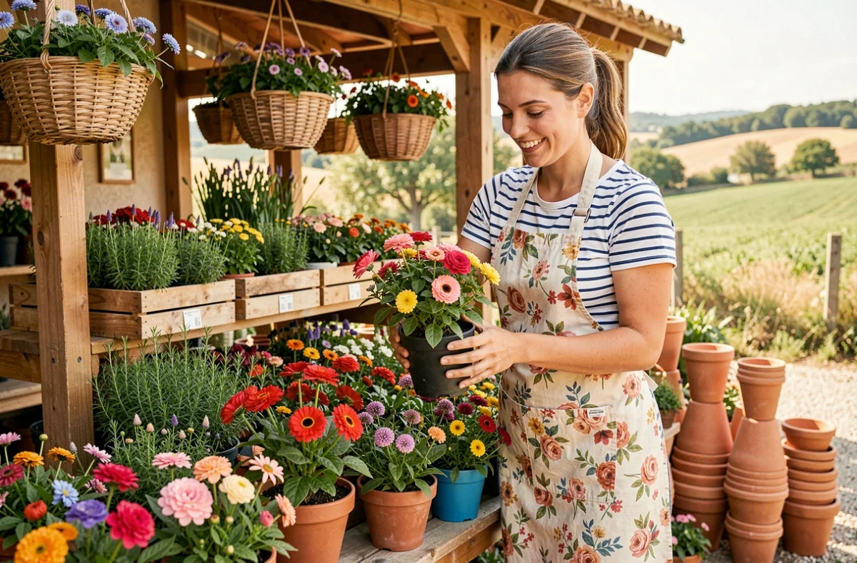Horticultrice de Florabora arrangeant un présentoir de plantes colorées et de fleurs saisonnières devant une jardinerie chaleureuse dans le sud de la France