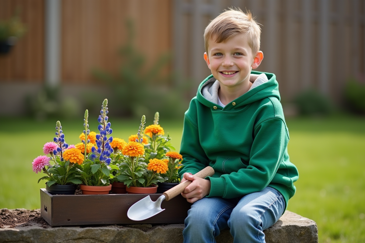 Garçon souriant avec pots de fleurs de mai dans le jardin