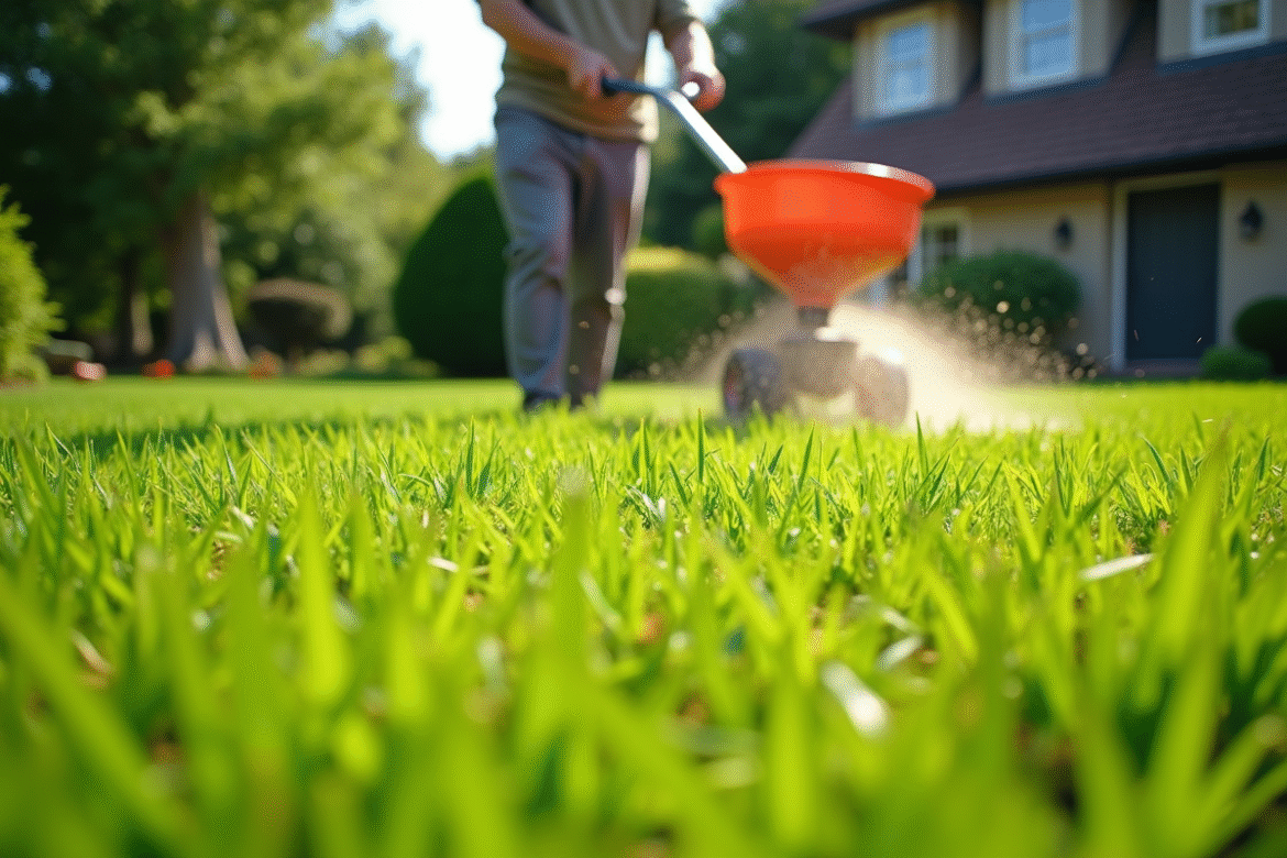 Jardin avec pelouse verte dense et ensemencement