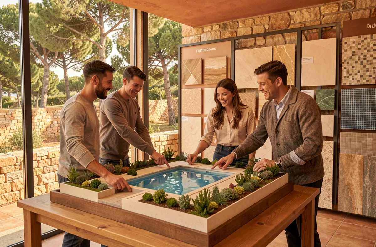Couple discutant de leur projet de piscine sur mesure avec un conseiller de Génération Piscine dans un showroom en plein air en Provence