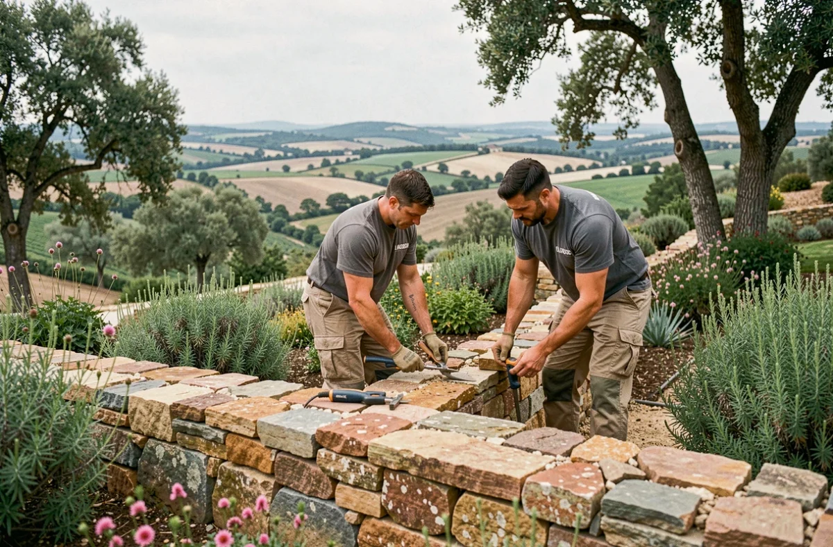 Deux ouvriers de Ginestet Paysage construisant un mur en pierre sèche dans un jardin en terrasses sur les collines du Gard