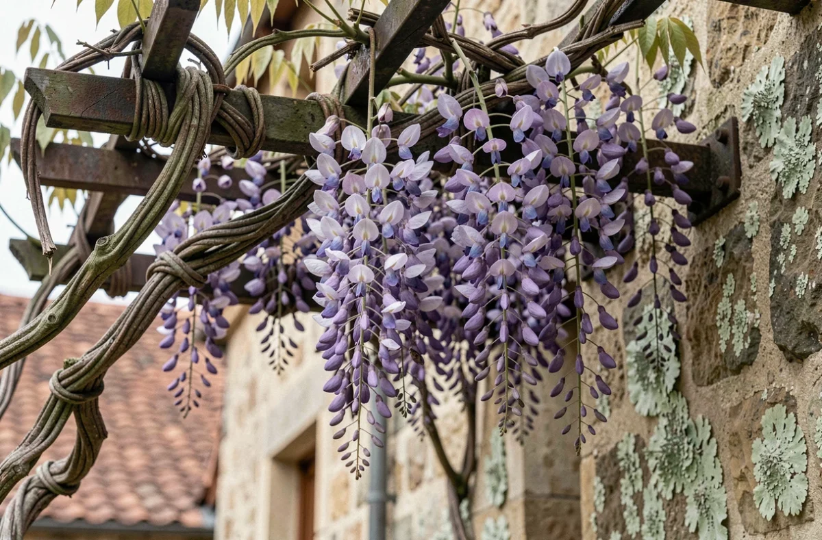Grappes de glycine violette suspendue à une pergola contre le mur d'une maison en pierre