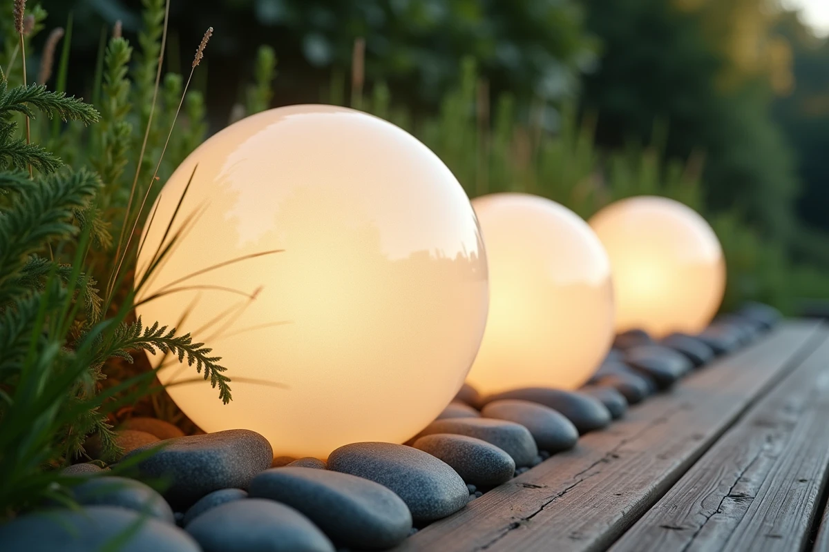 Gros plan de boules d'éclairage extérieur rondes en polycarbonate dépoli posées sur des galets dans un jardin paysager