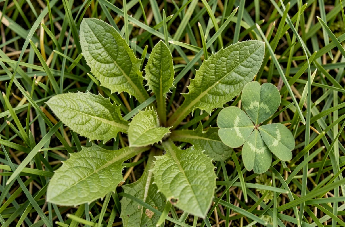 Gros plan sur des mauvaises herbes résistantes comme le plantain et le trèfle rampant dans une pelouse traitée