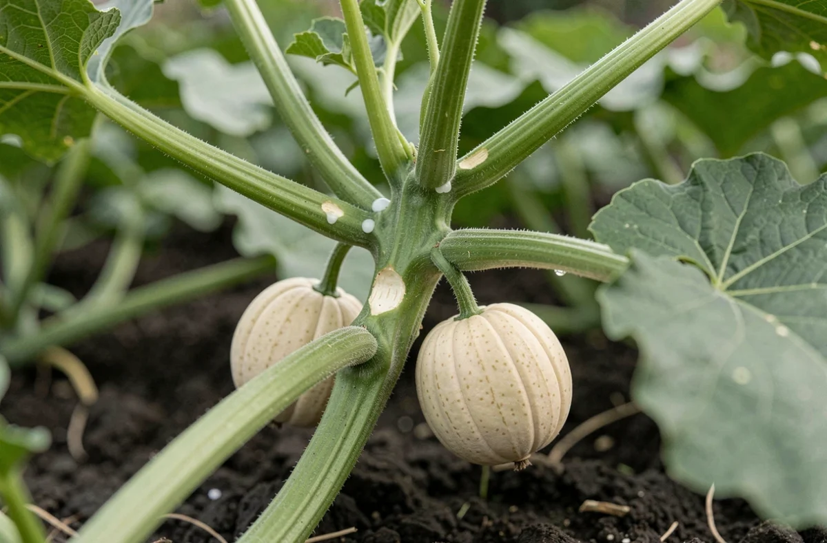 Gros plan sur une tige de melon charentais taillée avec des jeunes fruits en développement