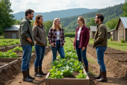 Groupe d'adultes discutant près d'un jardin communautaire