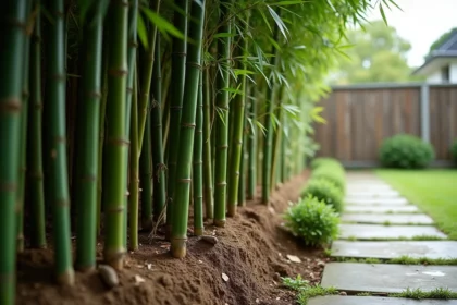 Haie de bambous non traçants en jardin résidentiel avec système racinaire visible au sol près d'une clôture en bois