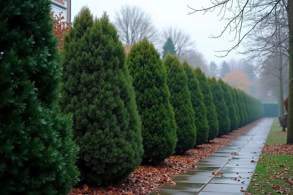 Haie de laurier dense et persistante en hiver avec des gouttes de rosée et une légère gelée sur les feuilles
