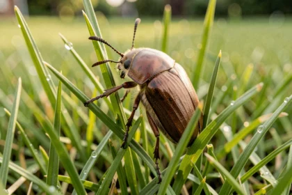 Hanneton commun posé sur un brin d'herbe dans un gazon de jardin, vue macro détaillée