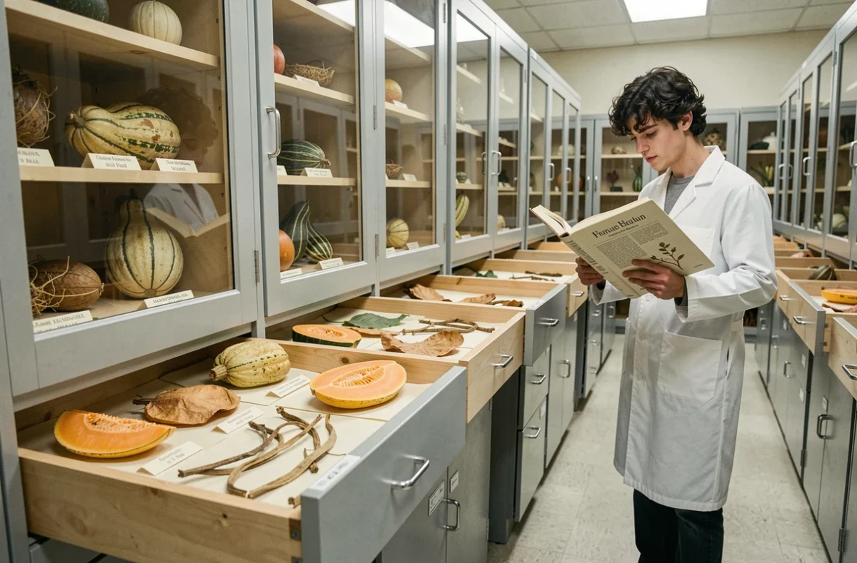 Herbier de cucurbitacées séchées dans une bibliothèque de recherche botanique universitaire