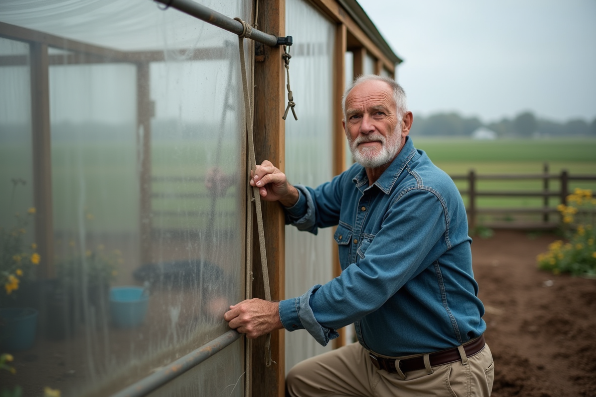 Homme âgé attachant la serre dans le jardin rural