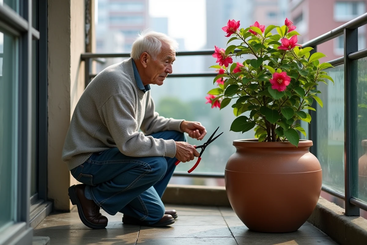 Homme âgé examinant une bougainvillée en ville