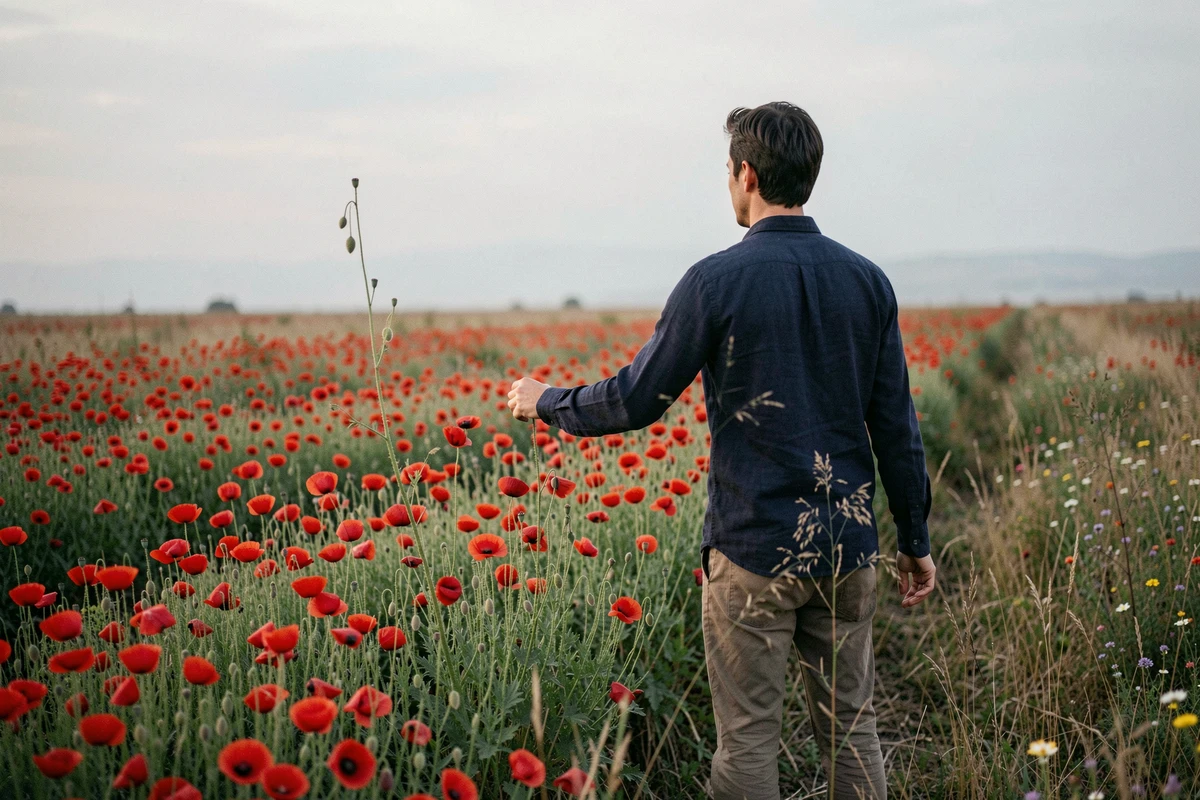 Homme pensif debout au bord d'un champ de coquelicots symbolisant la méditation et les rêves