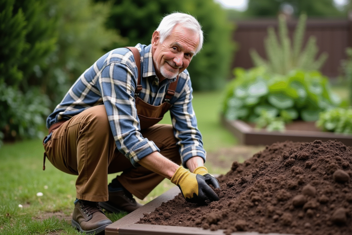 Homme âgé manipulant du compost dans un jardin verdoyant