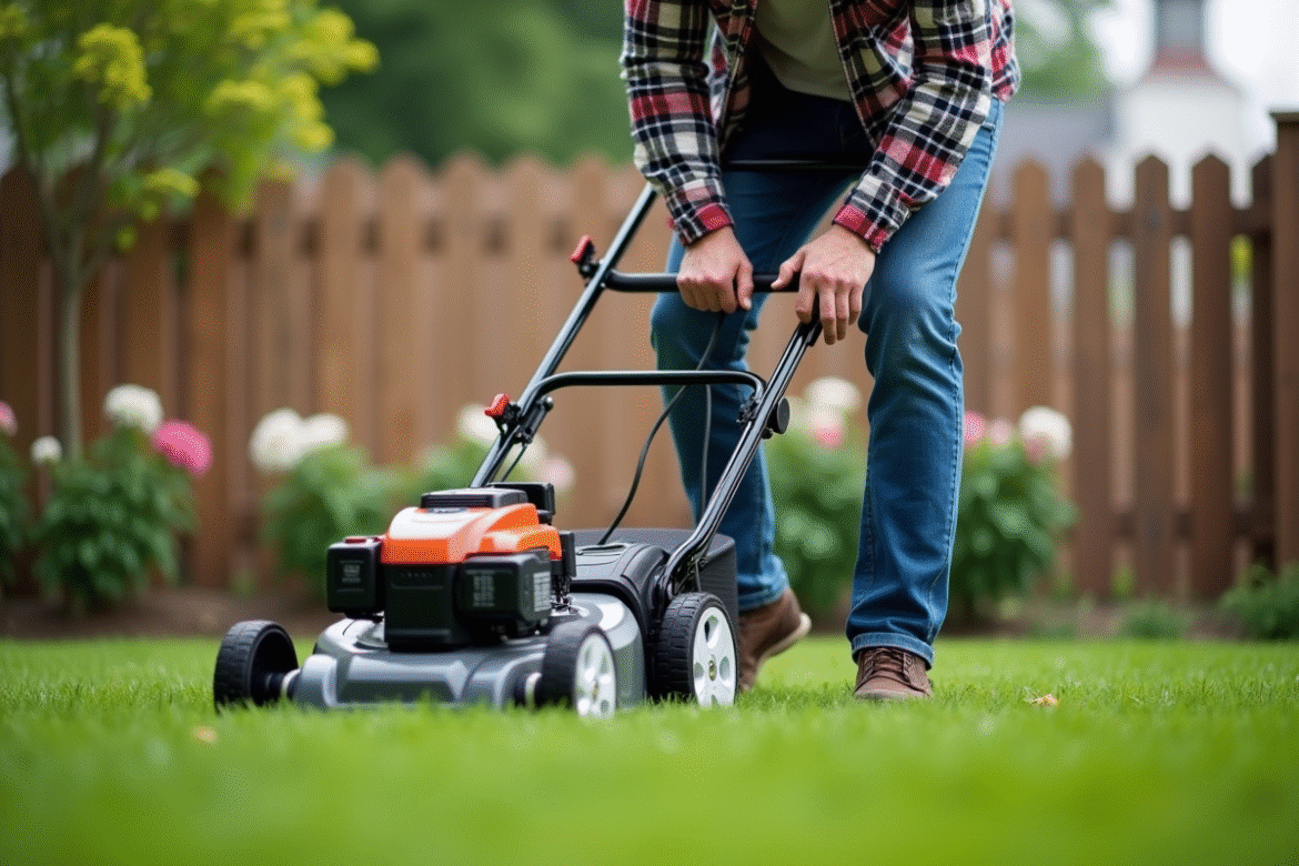 Homme d'âge moyen débranchant une tondeuse électrique dans un jardin
