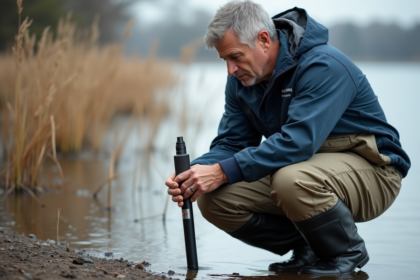 Homme en gilet de pêche testant l'eau du lac