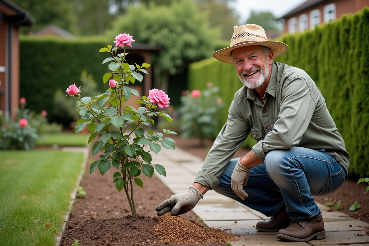 Homme âgé fertilisant un rosier dans le jardin