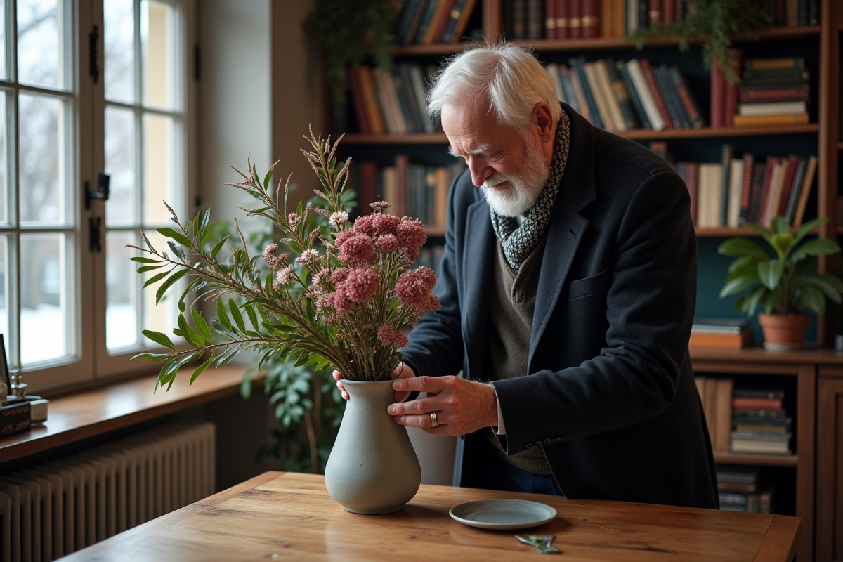 Homme âgé arrangeant des fleurs d