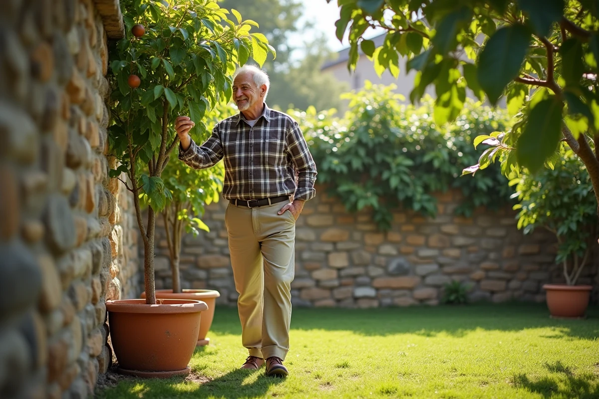 Homme inspectant un figuier près du mur de jardin