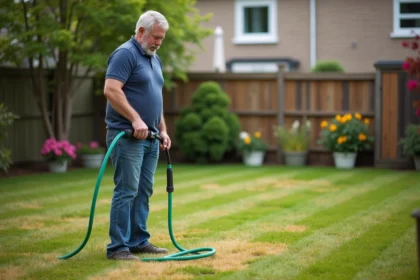 Homme d'âge moyen avec tuyau d'arrosage dans un jardin anglais