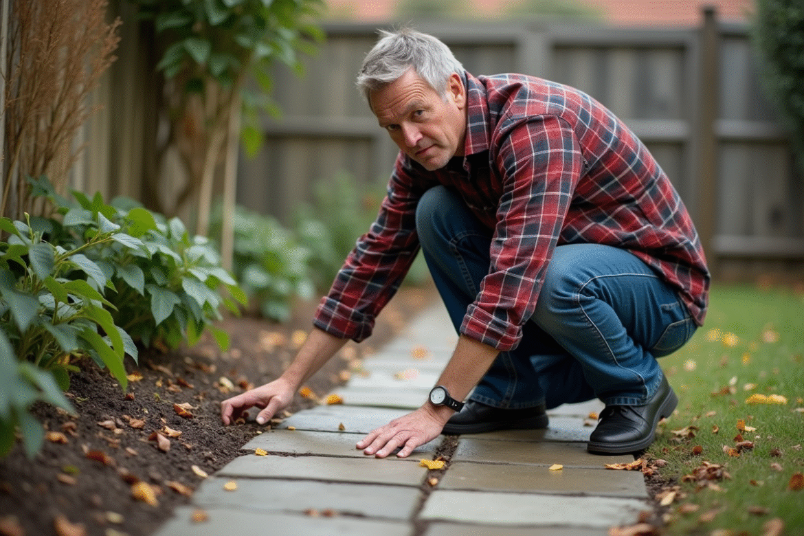 Homme d'âge moyen inspectant un pavage endommagé dans le jardin