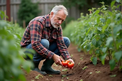 Homme dans le jardin examine une tomate mûre