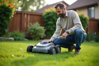 Homme d'âge moyen observant une tondeuse robot dans son jardin