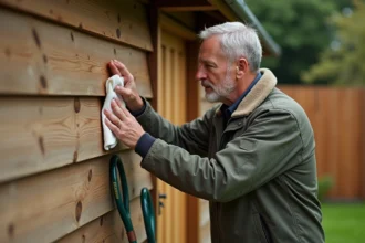 Homme inspectant un mur en bois d'abri de jardin