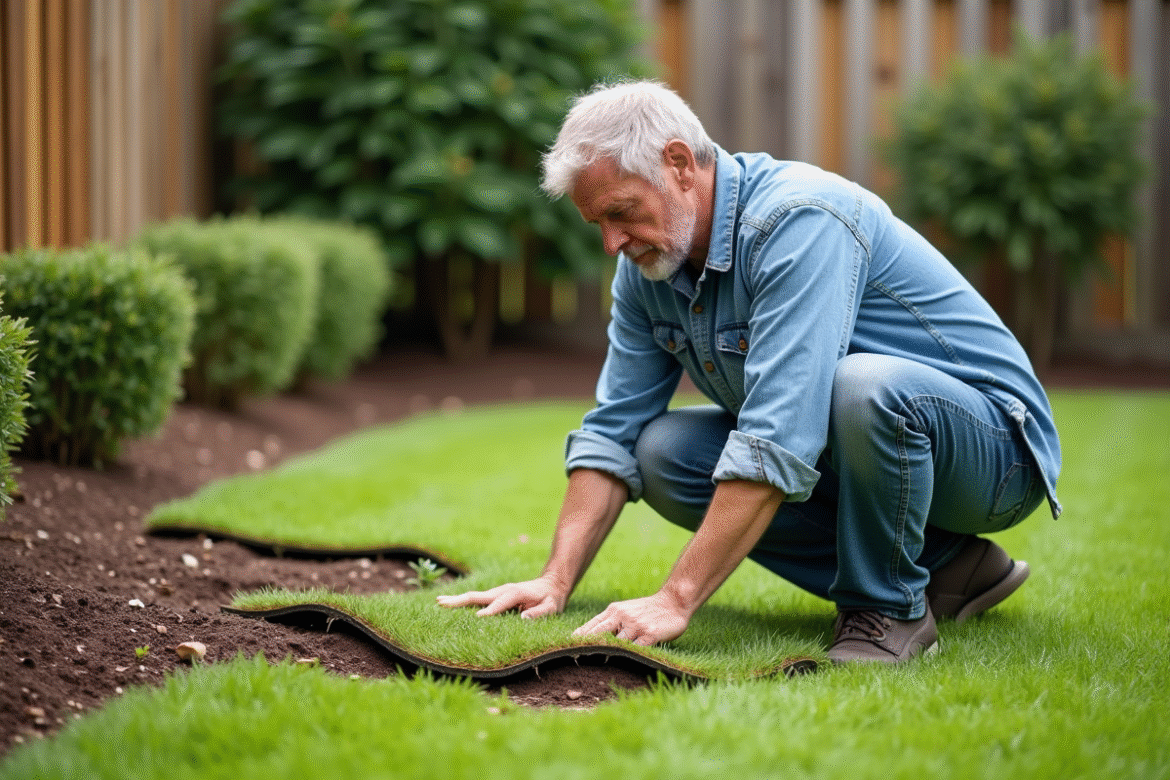 Homme d'âge moyen posant sur la pelouse en jardinant