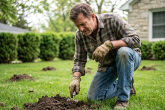 Homme d'âge moyen en vêtements de jardinage examine une motte de terre
