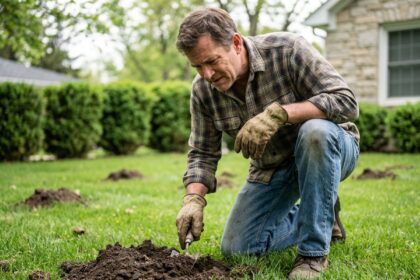Homme d'âge moyen en vêtements de jardinage examine une motte de terre