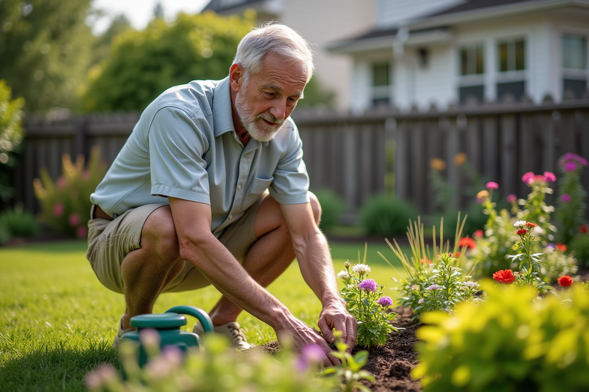 Homme âgé arrosant ses fleurs dans le jardin