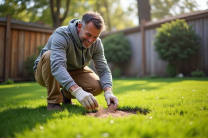 Homme en jardinage arrosant la pelouse verte