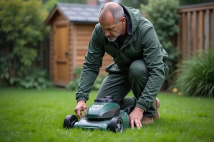 Homme inspectant une tondeuse électrique dans un jardin humide