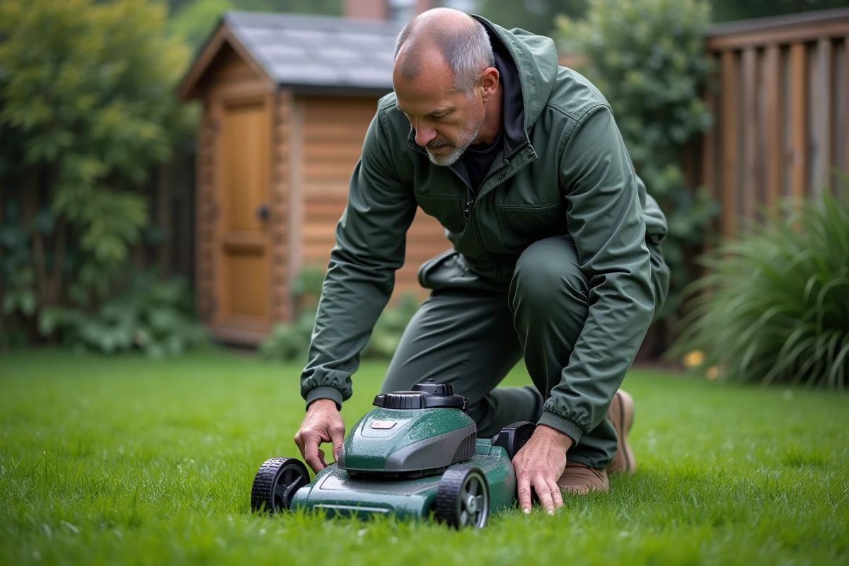 Homme inspectant une tondeuse électrique dans un jardin humide