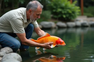 Homme d'âge moyen tenant un koi coloré dans un jardin japonais