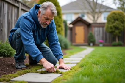 Homme en jeans et sweat bleu nettoyant la mousse entre pavés