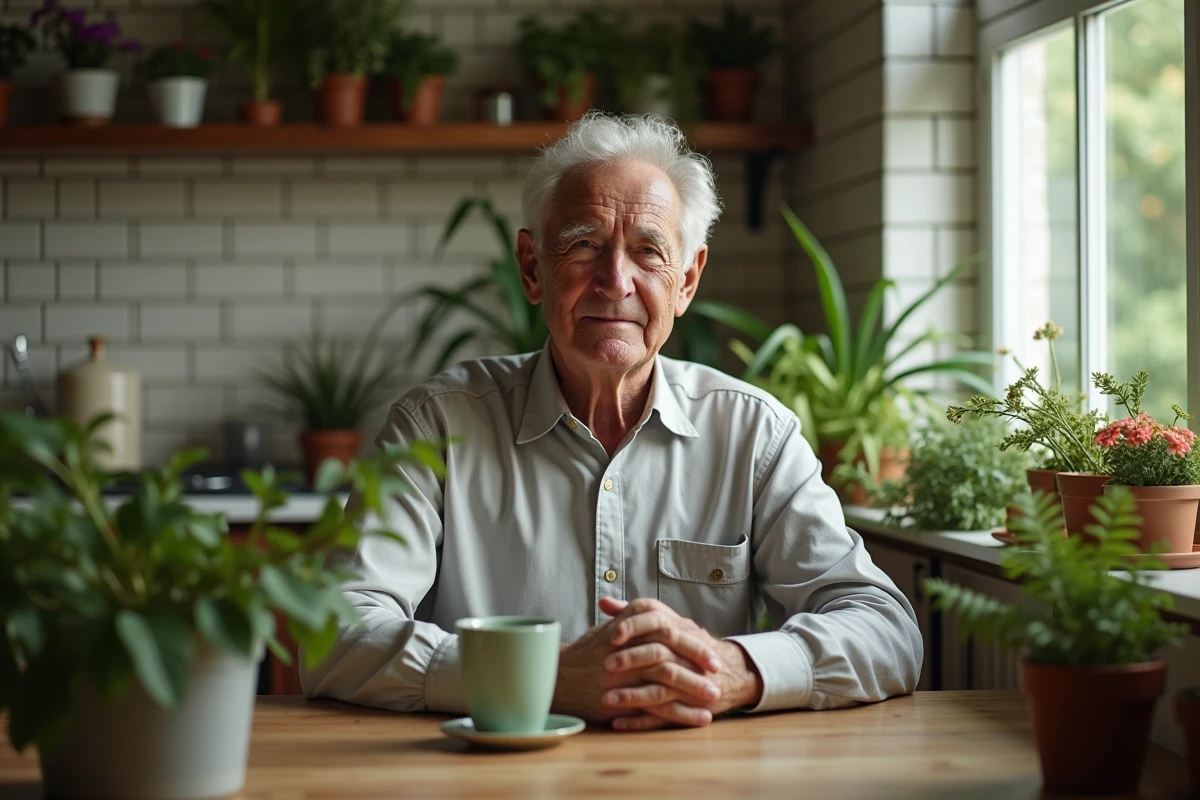 Homme âgé assis près de plantes fleuries dans une cuisine chaleureuse