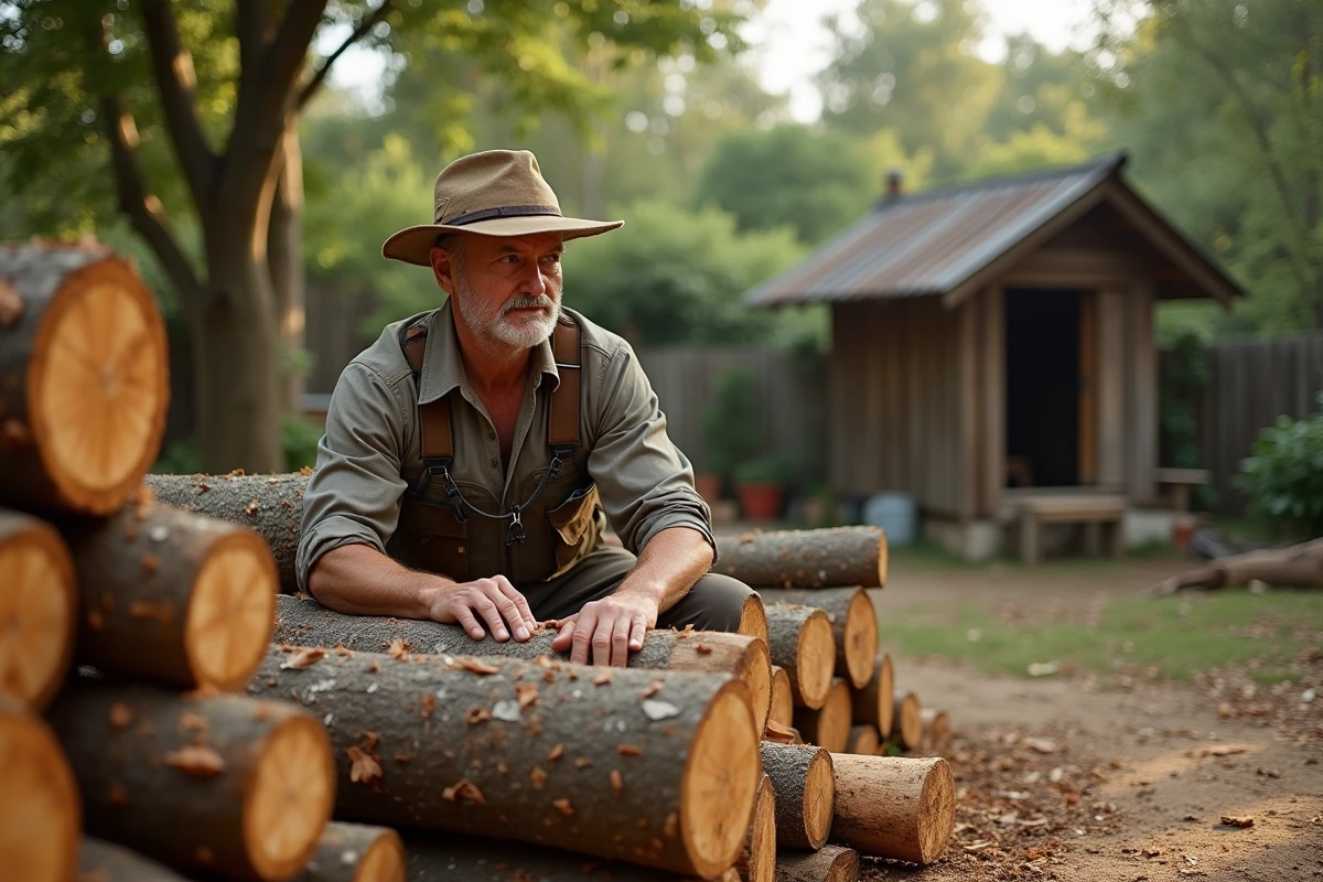 Homme d'âge moyen inspectant des troncs d'albizia fraîchement coupés dans un jardin rural