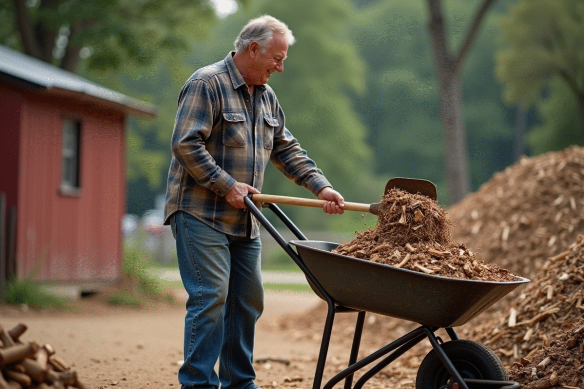 Homme d'âge moyen souriant avec des copeaux de bois