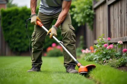 Homme utilisant un rotofil électrique filaire pour bordurer une pelouse de jardin résidentiel