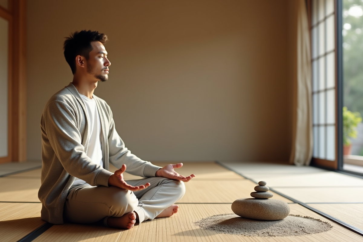 Homme assis en méditation dans un intérieur zen