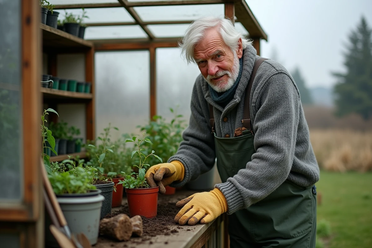 Homme âgé semant des graines dans un potager sous serre
