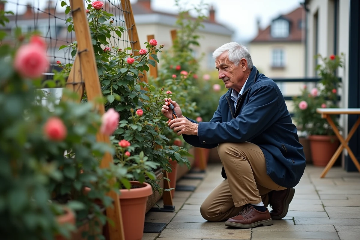 Homme âgé taillant un rosier sur terrasse urbaine