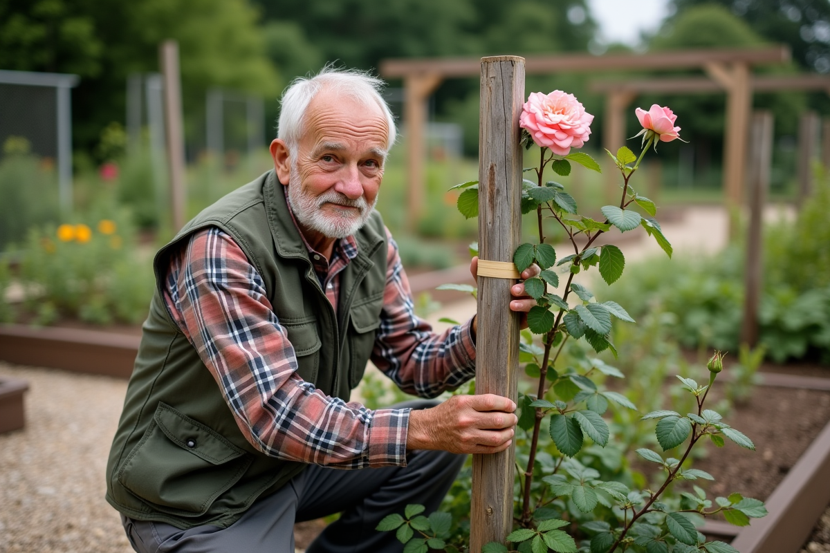 Homme âgé attachant un rosier à un support en jardin communautaire