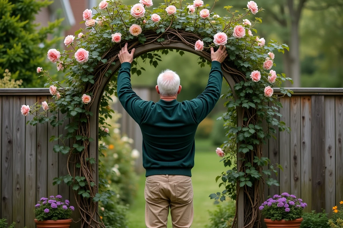 Homme taillant un rosier sur une arche dans le jardin