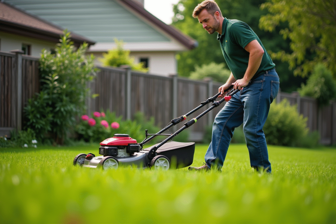 Homme d'âge moyen ajustant une tondeuse dans son jardin