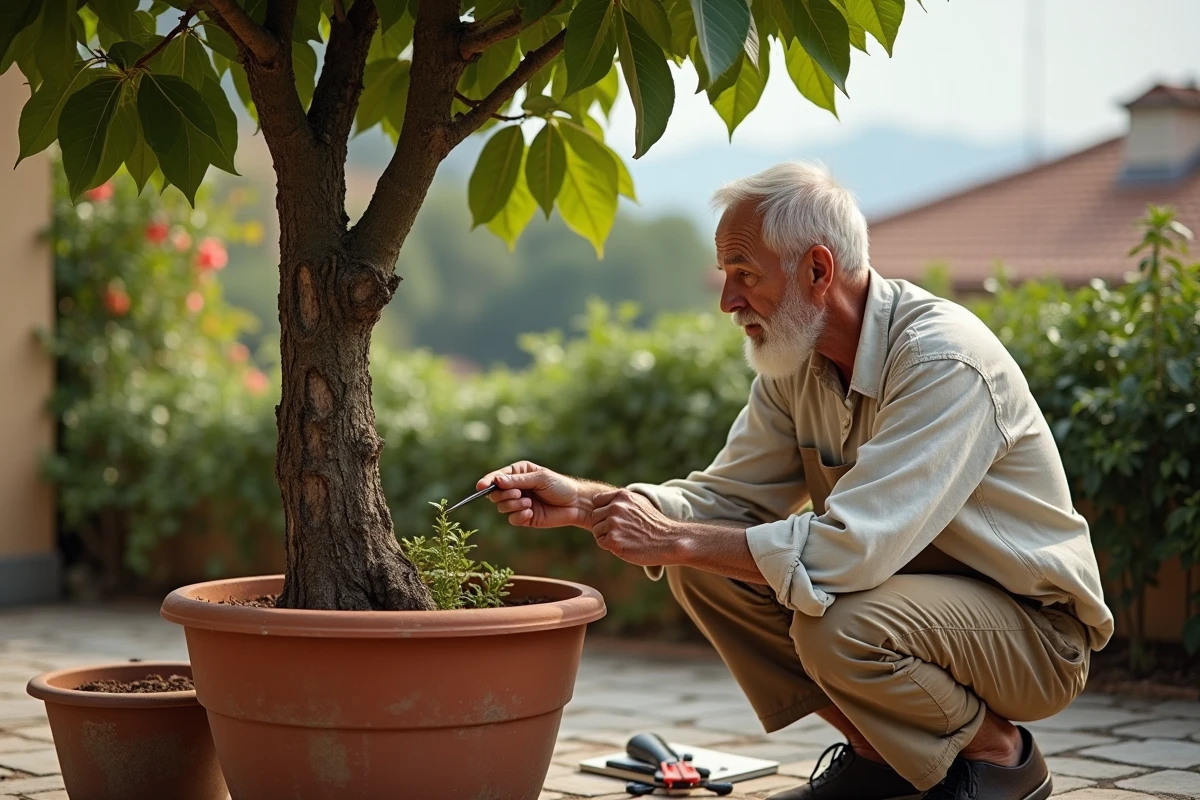 Homme soignant un figuier dans un jardin en terrasse